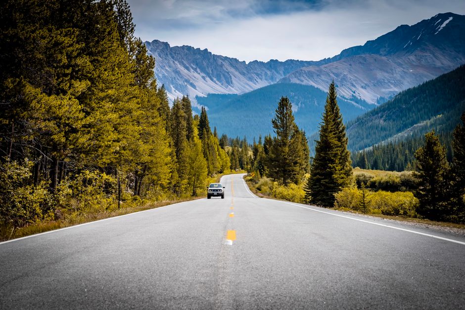 A scenic drive through the Rocky Mountains with a winding road and pine trees.