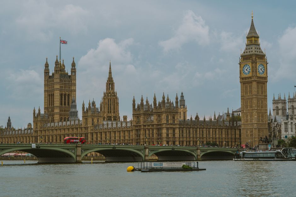 View of Big Ben and Westminster Bridge over the River Thames in London, England.