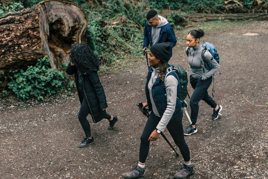 A diverse group of friends enjoying a hike through a lush forest trail.